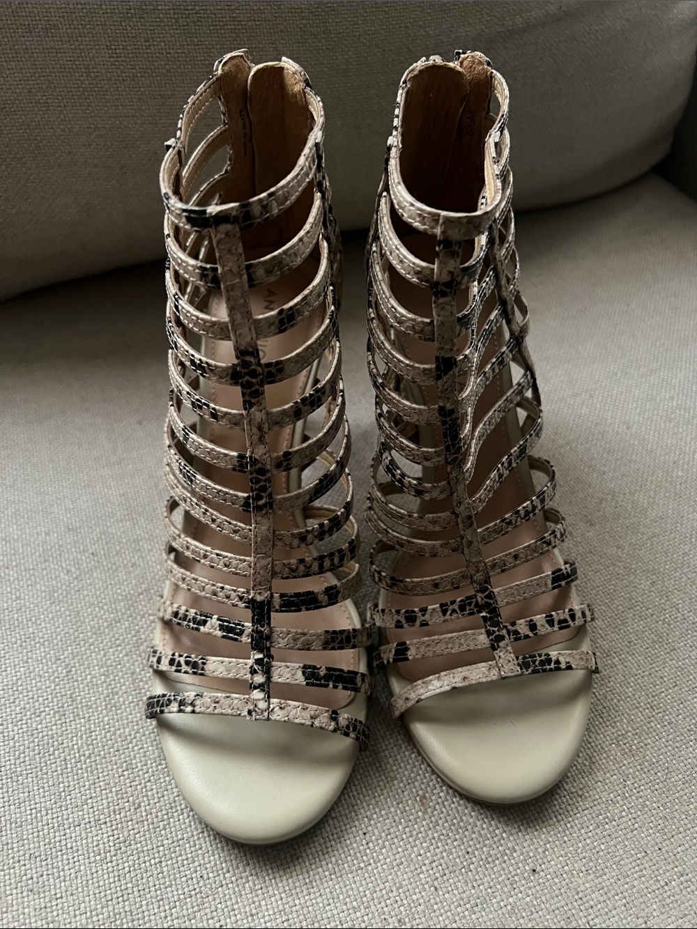 ANTONIO MELANI Beige and Black Snake-Print Strappy Heels